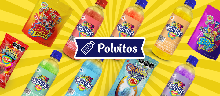 Polvitos colorful drinks and snacks on a yellow background with the Polvitos logo.